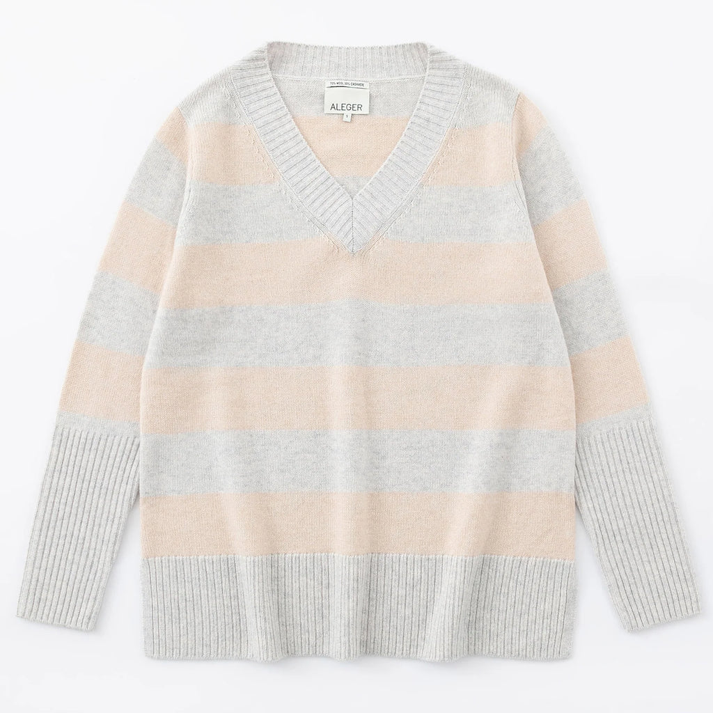 Aleger Cashmere | Wide Stripe Deep V-Neck Sweater | Grey/Shell