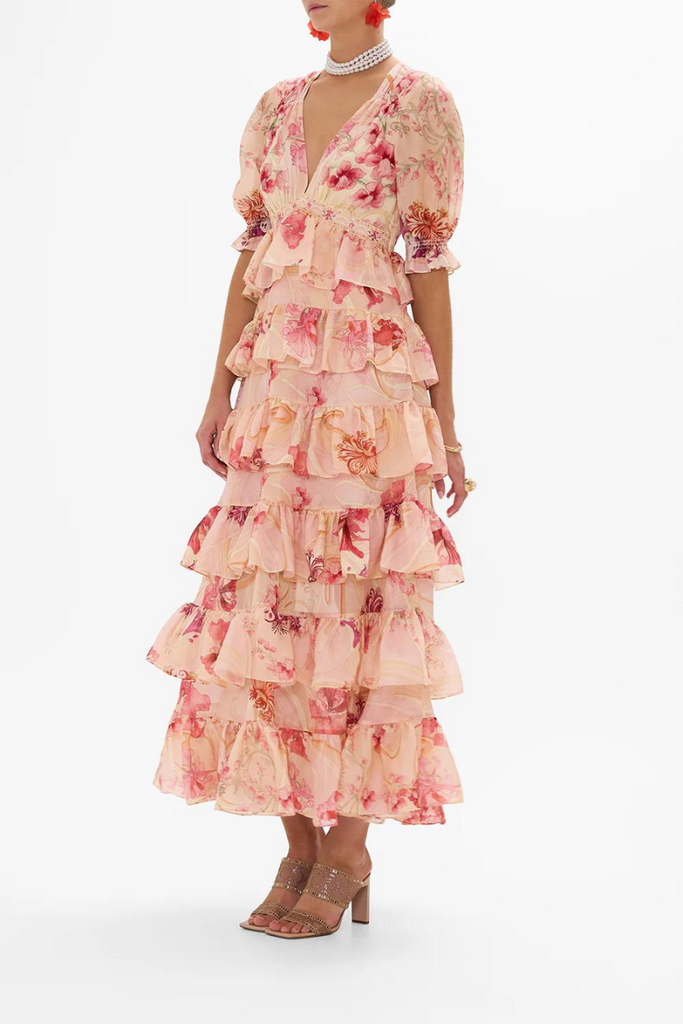 Camilla | Blossoms and Brushstrokes Puff Sleeve Tiered Skirt Long Dress