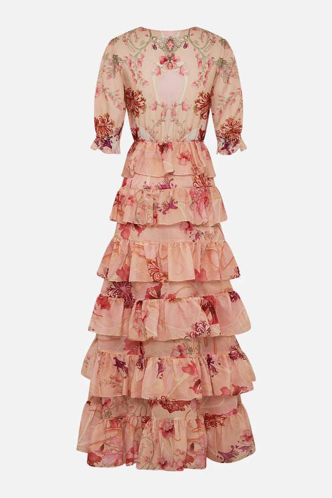 Camilla | Blossoms and Brushstrokes Puff Sleeve Tiered Skirt Long Dress