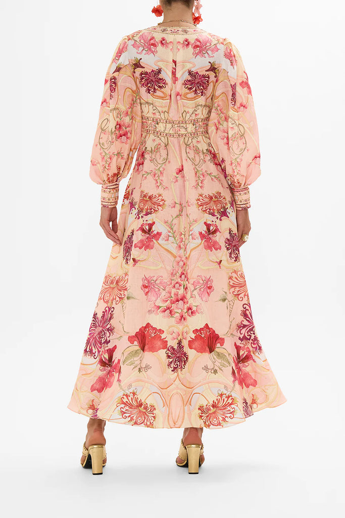 Camilla | Blossoms and Brushstrokes Shaped Waistband Dress W/Gathered Sleeves
