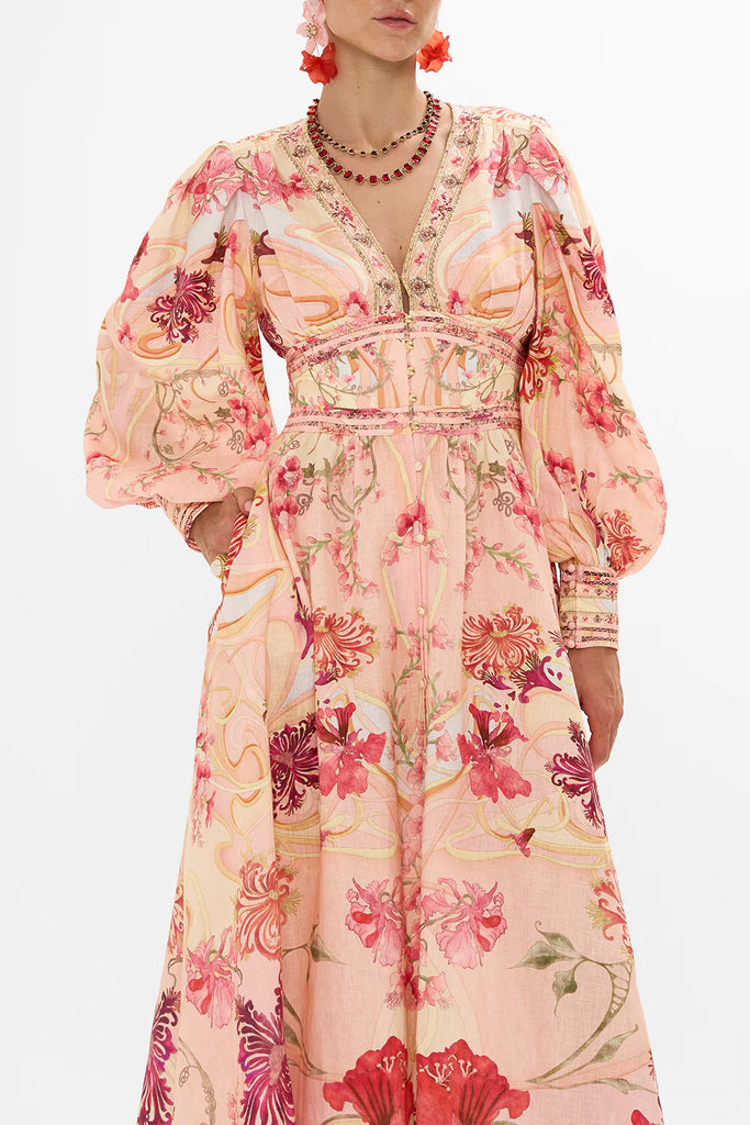Camilla | Blossoms and Brushstrokes Shaped Waistband Dress W/Gathered Sleeves