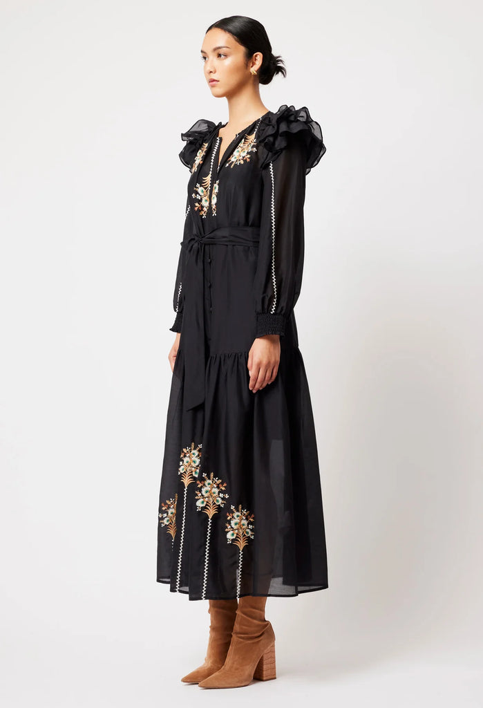 Once Was | Aquila Cotton Silk Embroidered Maxi Dress | Black