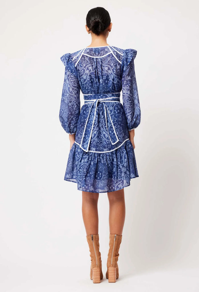Once Was | Astra Cotton Silk Frill Sleeve Dress | Zodiac Print