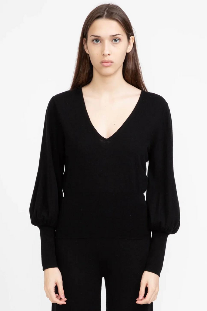 Aleger Cashmere | Black Cashmere Blend Low V Keyhole Sweater