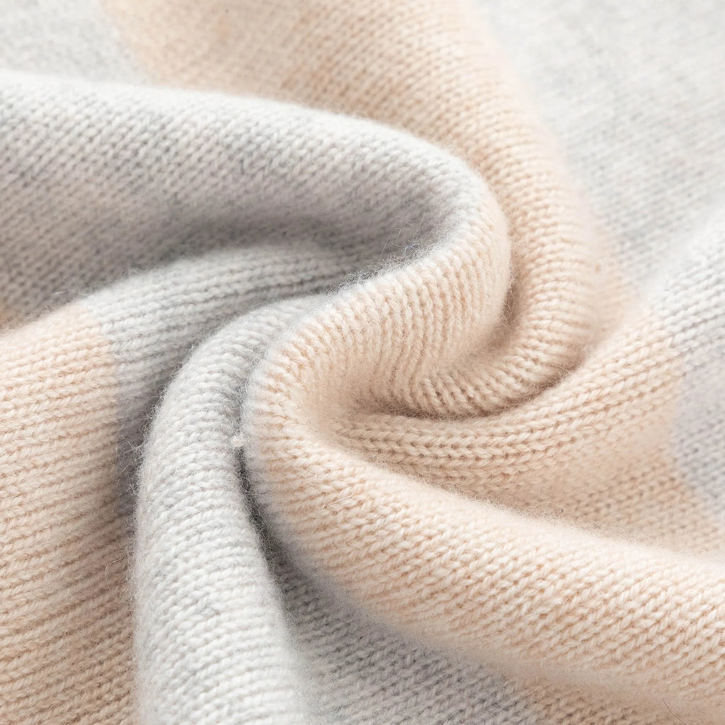 Aleger Cashmere | Wide Stripe Deep V-Neck Sweater | Grey/Shell