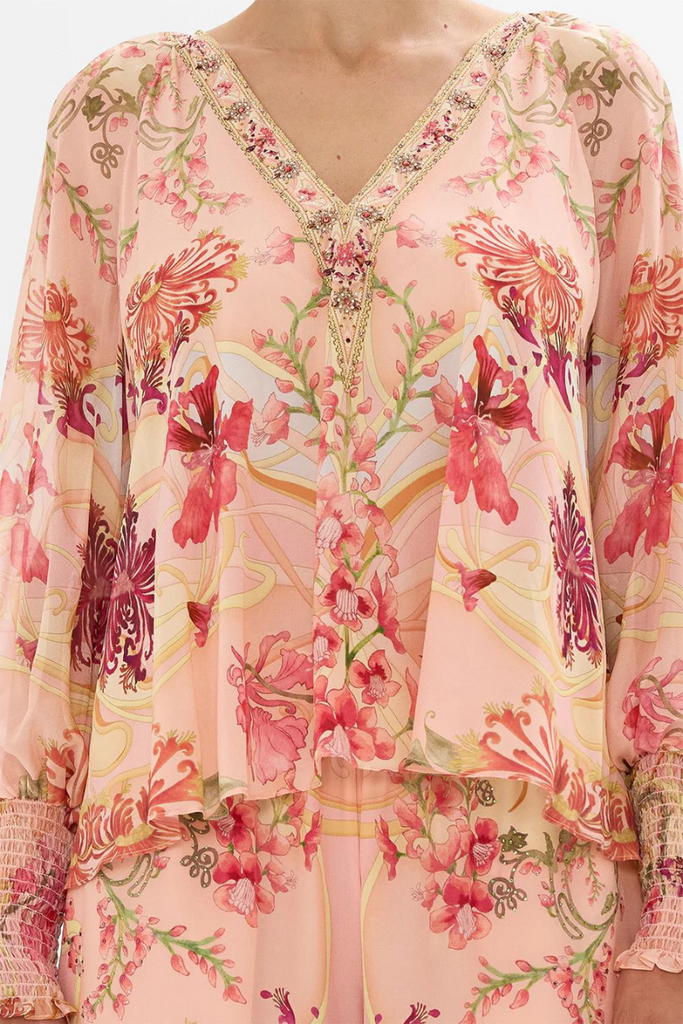 Camilla | Blossoms and Brushstrokes Shirred Cuff Blouse