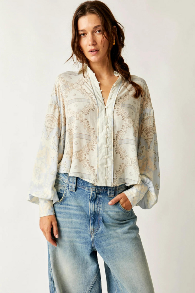 Free People | Virgo Baby Button Down Shirt Spring Blue Combo
