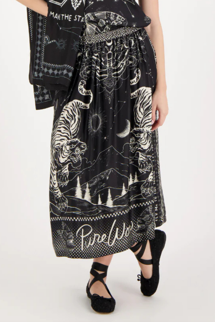 Me369 | Vanessa Printed Midi Skirt | Black Magic