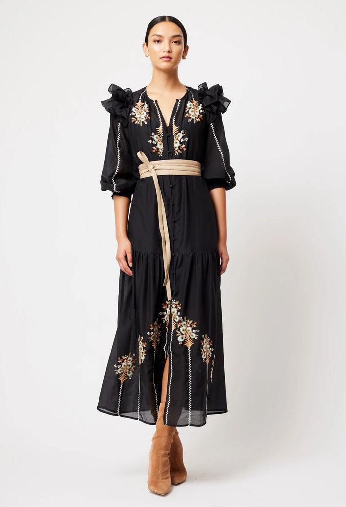 Once Was | Aquila Cotton Silk Embroidered Maxi Dress | Black