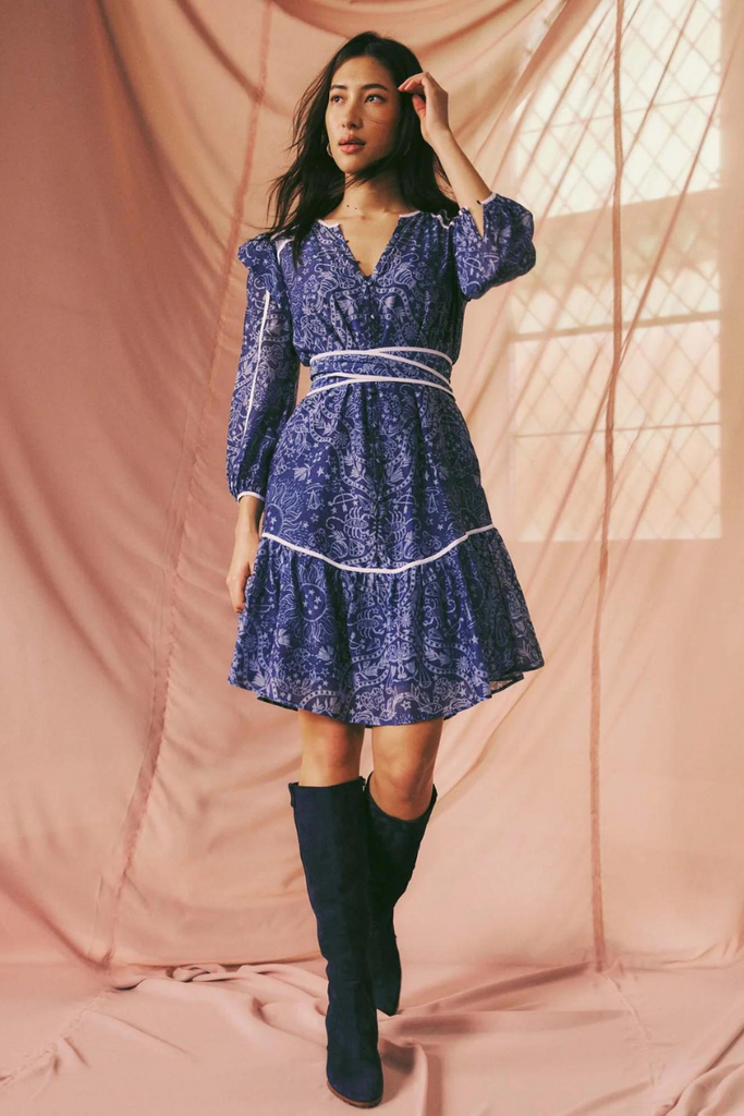 Once Was | Astra Cotton Silk Frill Sleeve Dress | Zodiac Print