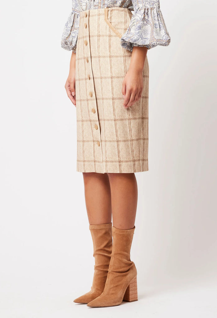 Once Was | Eddie Faux Suede Detail Skirt | Oatmeal Check