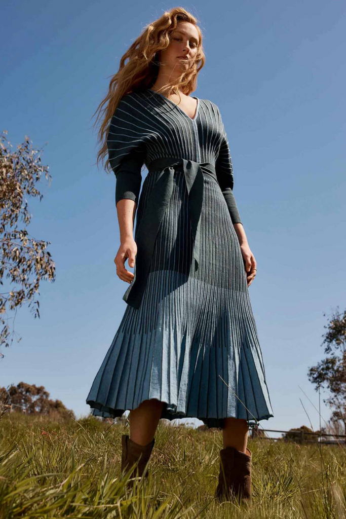 Once Was | Equinox Extra Fine Ombre Stripe Knit Midi Dress | Bluestone