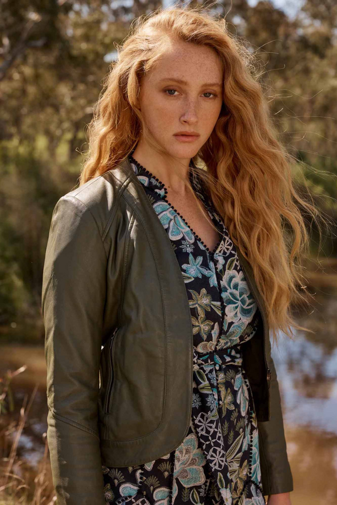 Once Was | Nova Leather Curved Hem Jacket | Moss