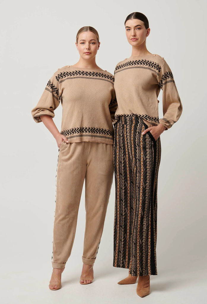 Once Was | Odessa Merino Wool Blend Boat Neck Jacquard Knit Top | Wheat