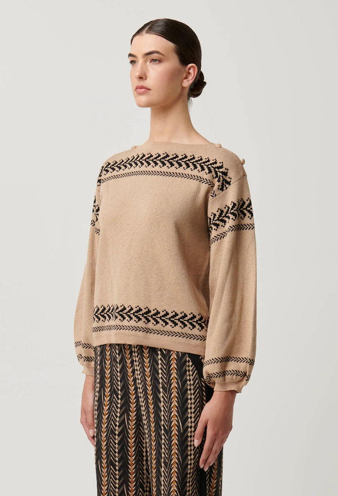 Once Was | Odessa Merino Wool Blend Boat Neck Jacquard Knit Top | Wheat
