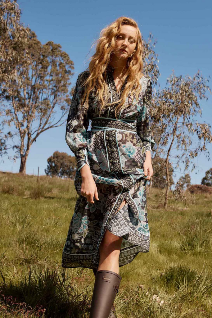 Once Was | Sienna Contrast Trim Cotton Silk Midi Dress | Dahlia Fields