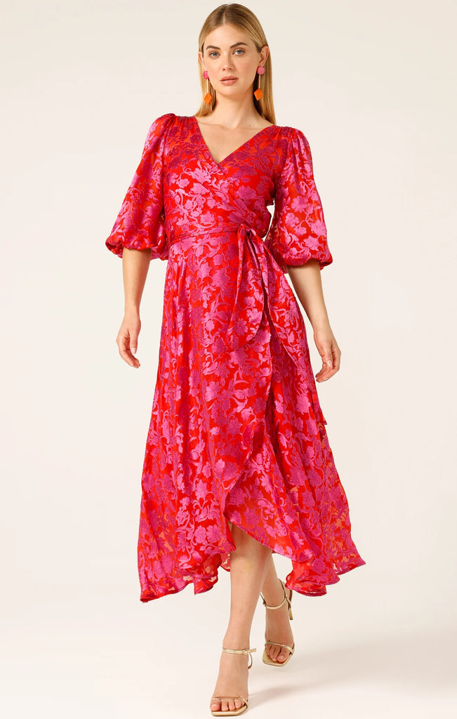 Sacha Drake | Lily Fire Wrap Dress | Pink Red Floral