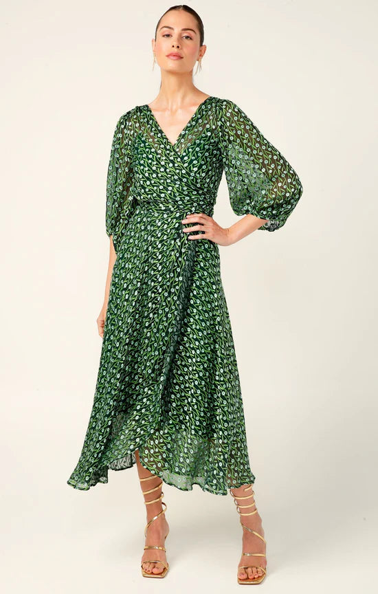 Sacha Drake | Wonderland Midi Wrap Dress | Emerald Poppy