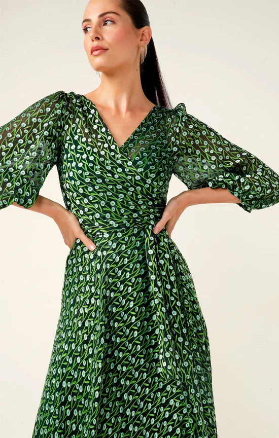 Sacha Drake | Wonderland Midi Wrap Dress | Emerald Poppy