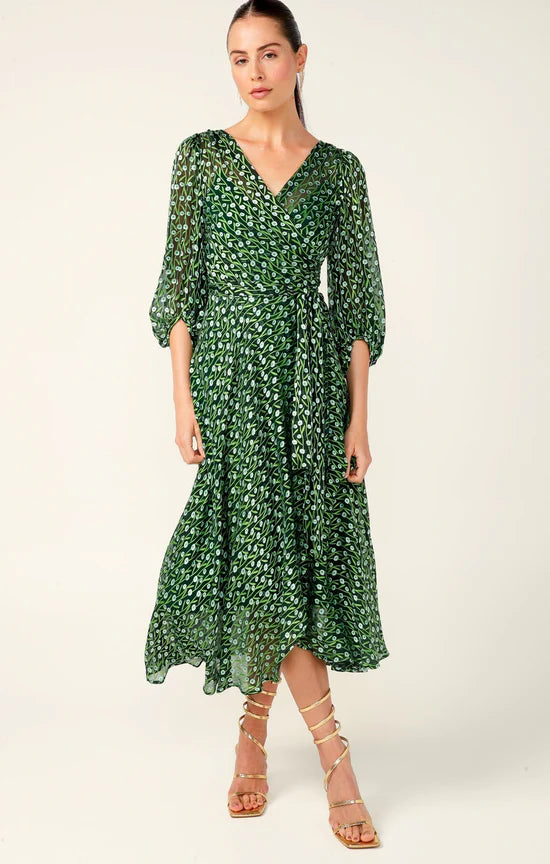 Sacha Drake | Wonderland Midi Wrap Dress | Emerald Poppy