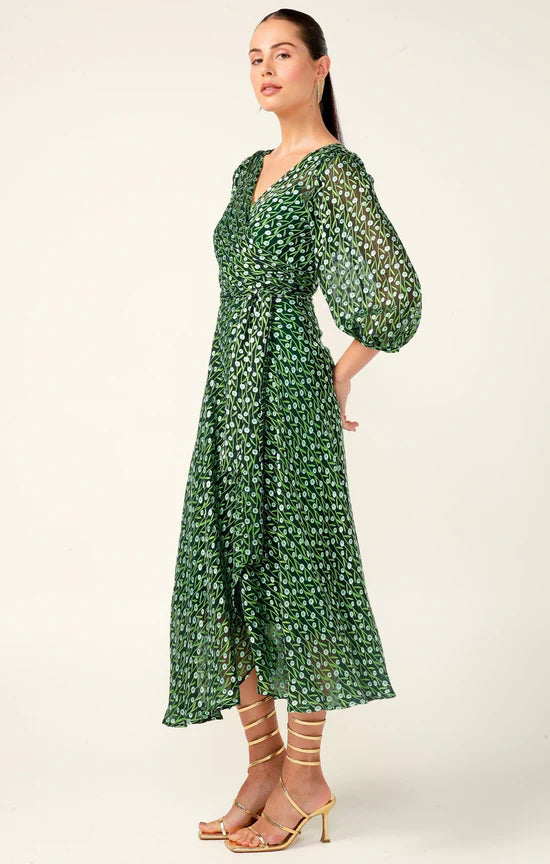 Sacha Drake | Wonderland Midi Wrap Dress | Emerald Poppy