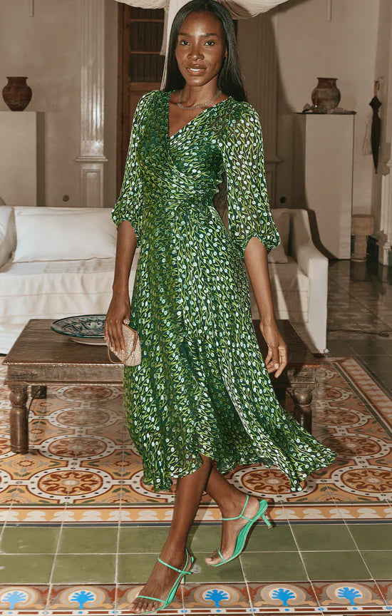 Sacha Drake | Wonderland Midi Wrap Dress | Emerald Poppy