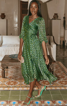 Sacha Drake | Wonderland Midi Wrap Dress | Emerald Poppy